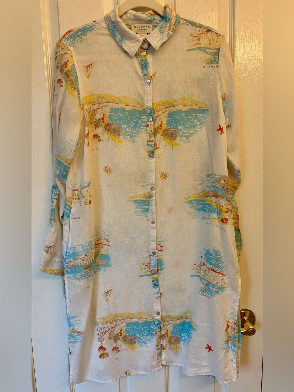 Calypso St. Barth White Shirt Dress with Blue & Yellow Coastal Print ~ Women’s M - Picture 2 of 5